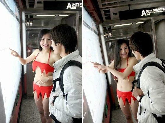 Cô gái mặc bikini chỉ đường cho khách gây tranh cãi - ảnh 1